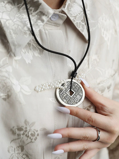 Mountain Ghost Thunder Order Coin Pendant Black Rope Necklace
