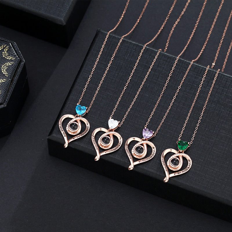 Halskette „Love You To The Moon“ mit verstecktem Foto und Geburtsstein