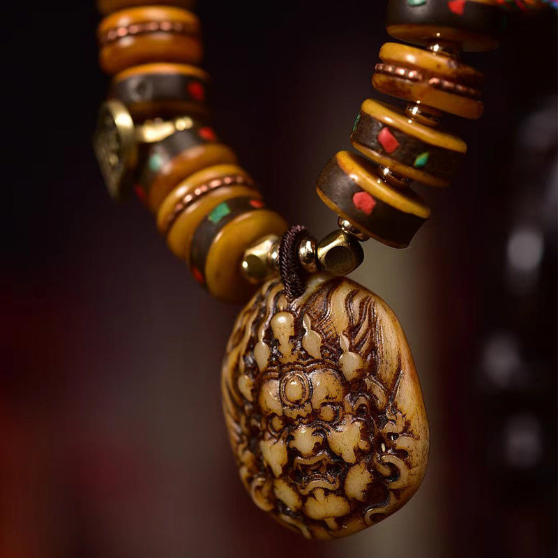 Tibetan Camel Bone Bead Bracelet with Old Copper Inlay – Handcrafted Tibetan-Style Prayer Bead Bracelet