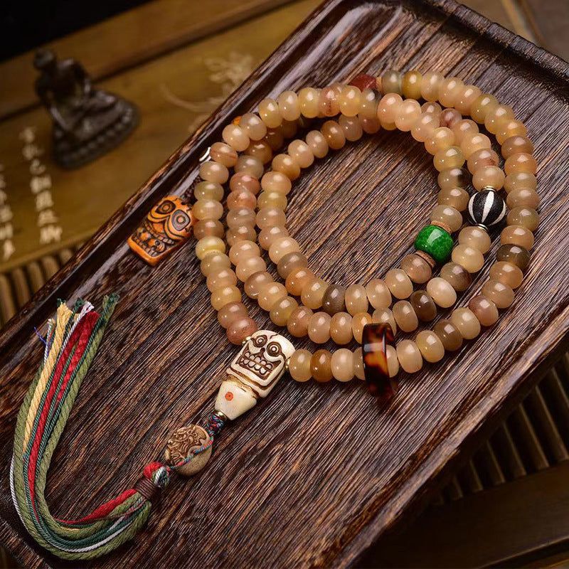 Collier de prière bouddhiste tibétain traditionnel avec 108 perles de mala en corne de mouton