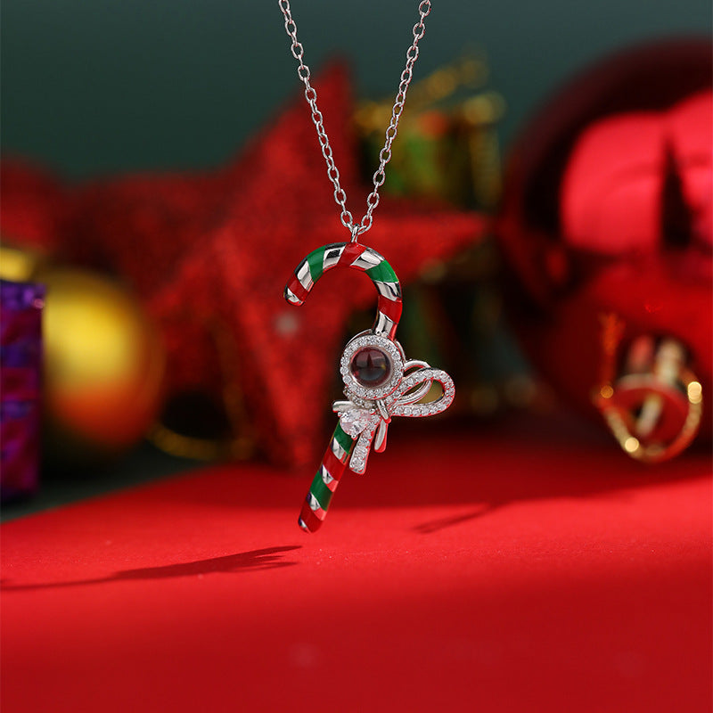 Personalisierte Weihnachtsgeschenk-Halskette mit Zuckerstangen-Anhänger und Foto im Inneren