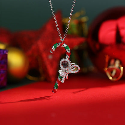 Personalisierte Weihnachtsgeschenk-Halskette mit Zuckerstangen-Anhänger und Foto im Inneren