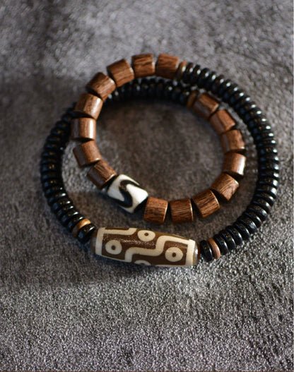 Ebony Tibetan Dzi Beads Double Layer Charm Bracelet