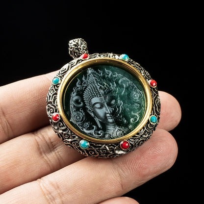 Natural A-Grade Jadeite "One Thought" Tibetan Silver Prayer Wheel Pendant – High Ice Jadeite with Vintage Silver Inlay