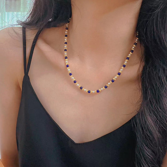 Collier vintage en perles de lapis-lazuli naturelles, chaîne multicouche pour clavicule