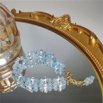 Bracelet aigue-marine élégant et frais, design double couche, cristal blanc
