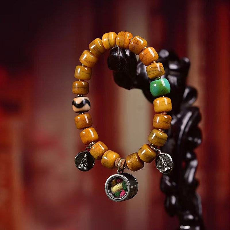 Tibetisches Kamelknochenarmband mit Achat-Dzi-Perlen und Yakknochen-Fuchsanhänger – Einzigartiges handgefertigtes Armband im tibetischen Stil