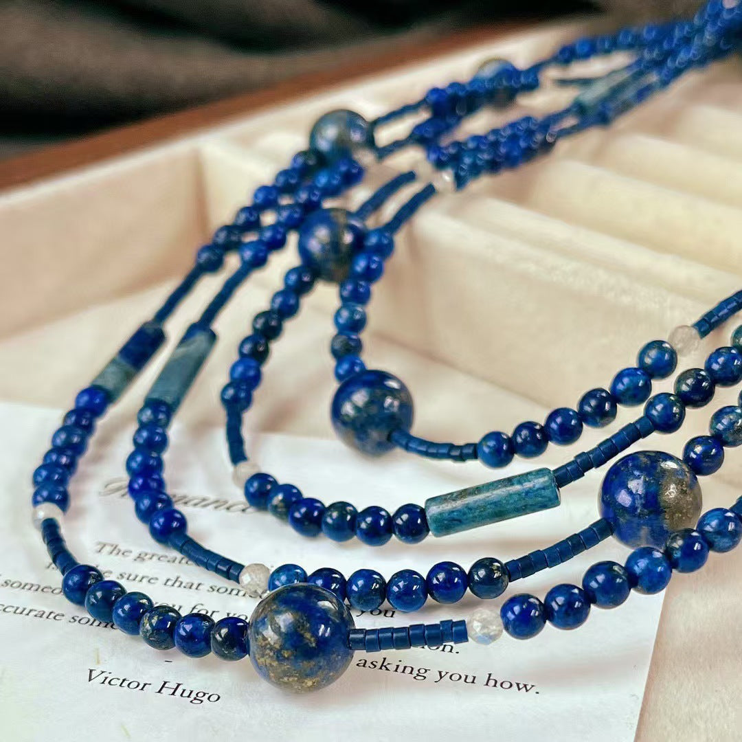 Collier long en lapis-lazuli naturel de haute qualité, collier de perles fait main