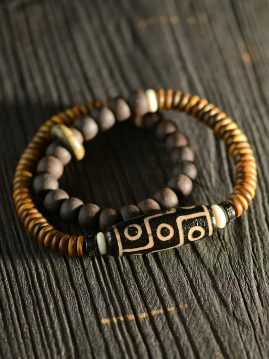 Tibetan Green Sandalwood Nine-Eyed Dzi Beads Bracelet
