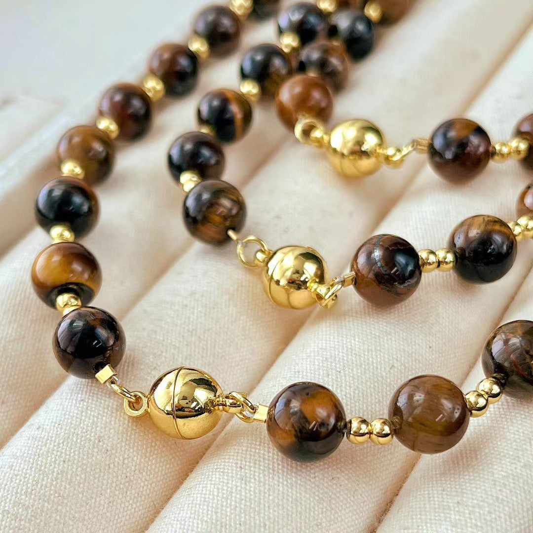 Vintage Boutique 8mm Maillard Style Natural Tiger's Eye Stone Clavicle Chain Necklace