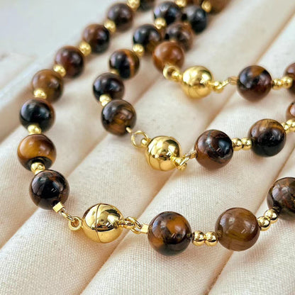 Vintage Boutique 8mm Maillard Style Natural Tiger's Eye Stone Clavicle Chain Necklace