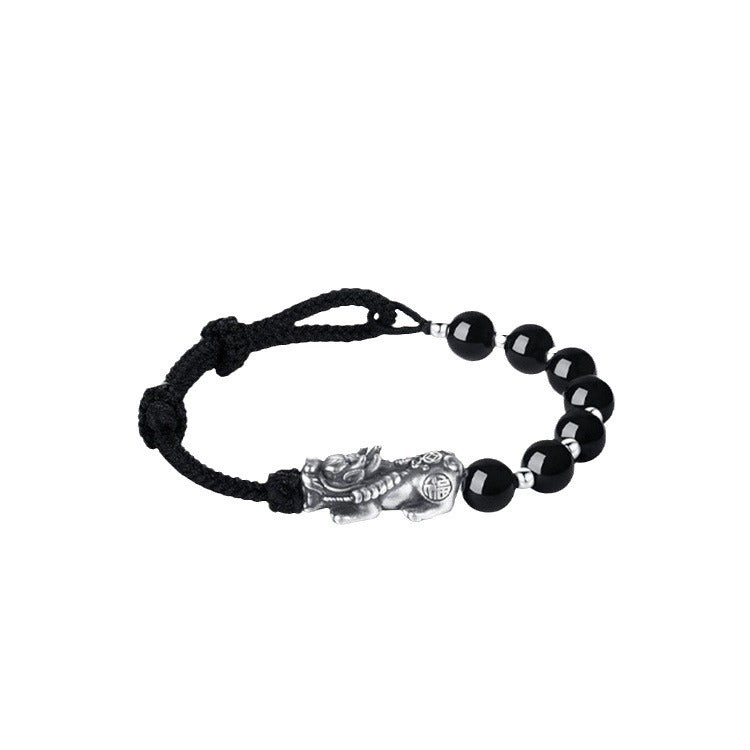 Natural Obsidian Hand-woven Boys Silver Pixiu Feng Shui Bracelet