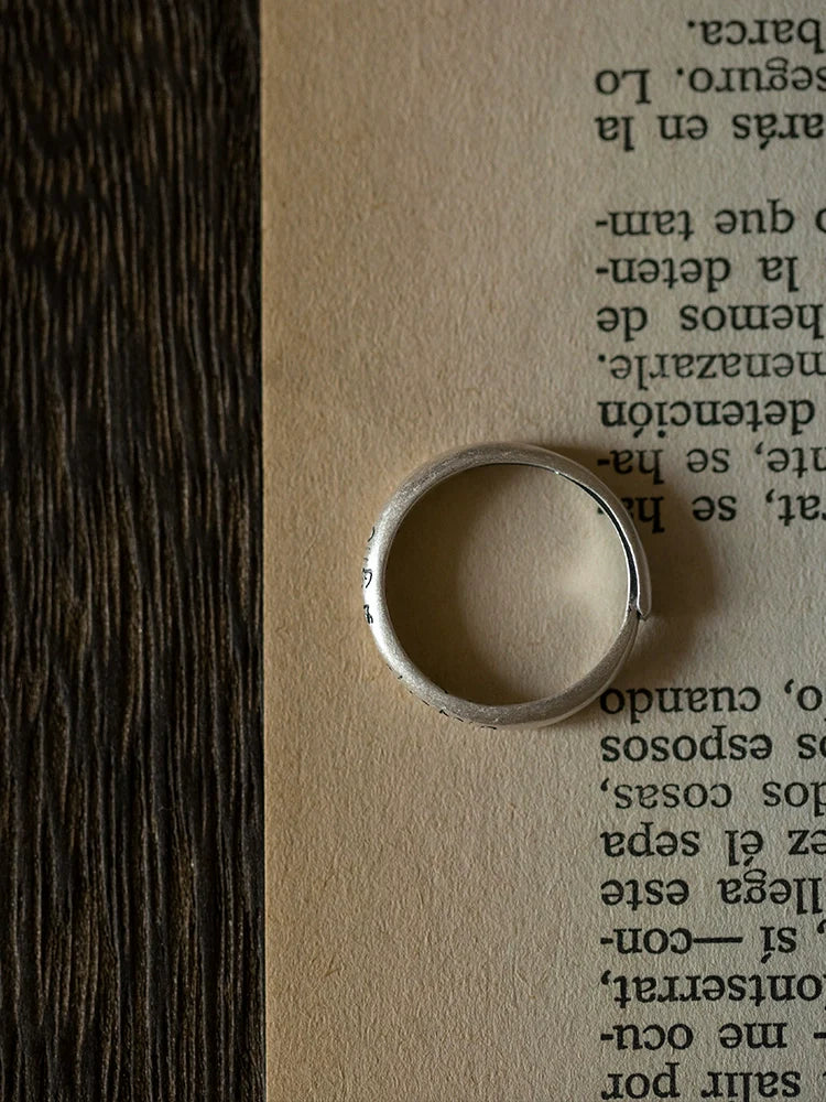 Tibetan Six-Syllable Mantra Adjustable Matte Silver Ring