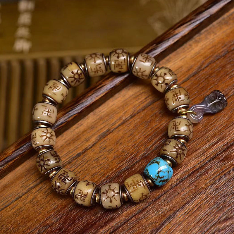 Tibetan Antique Silver Inlaid Camel Bone Bracelet – Handcrafted Tibetan-Style Beaded Bracelet