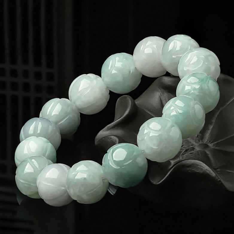 Natural Myanmar A-Grade Jadeite Lotus Bead Bracelet – Elegant Lotus Flower Design