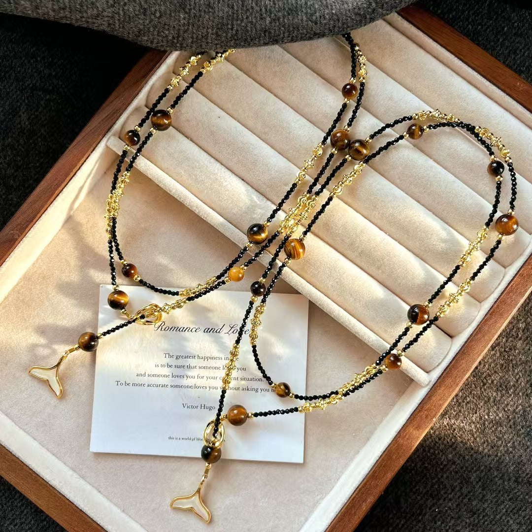 Collier vintage en pierre naturelle œil de tigre et perles de cristal artificiel
