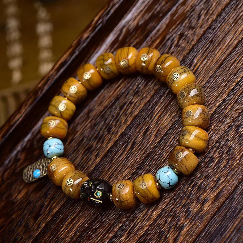 Tibetan-Style Old Copper Swastika Inlay Yak Bone Bracelet – Traditional Handcrafted Design