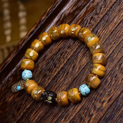 Tibetan-Style Old Copper Swastika Inlay Yak Bone Bracelet – Traditional Handcrafted Design