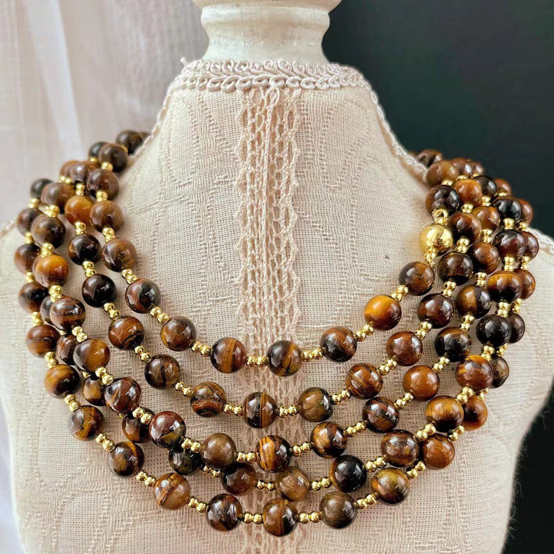 Vintage Boutique 8mm Maillard Style Natural Tiger's Eye Stone Clavicle Chain Necklace