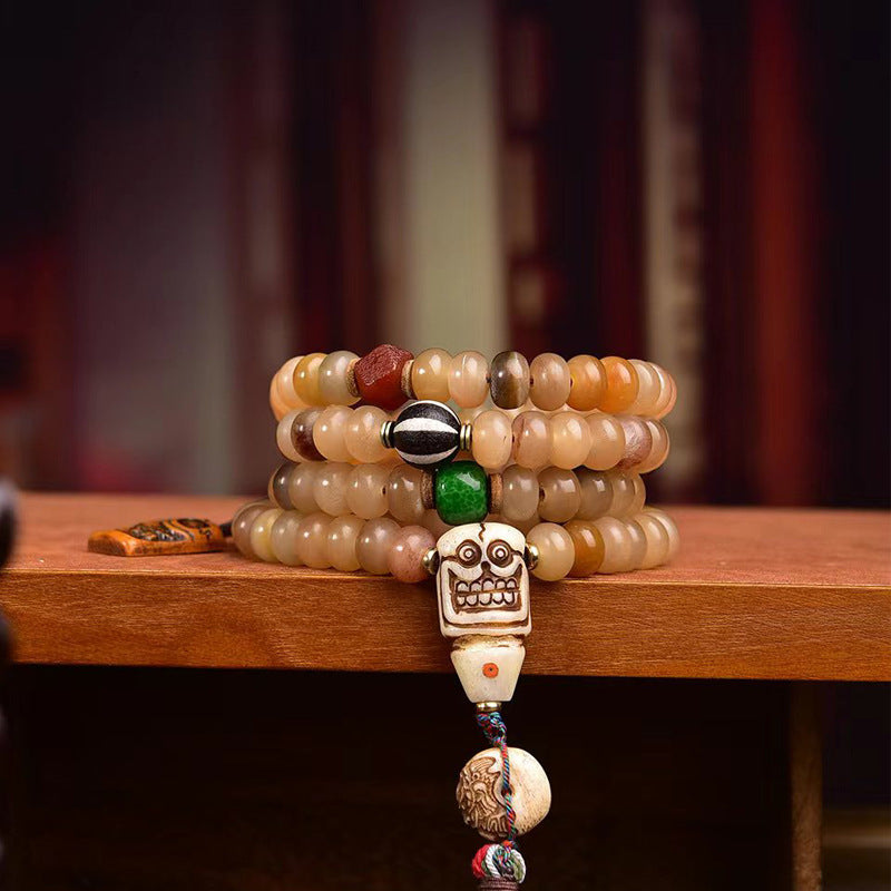 Collier de prière bouddhiste tibétain traditionnel avec 108 perles de mala en corne de mouton