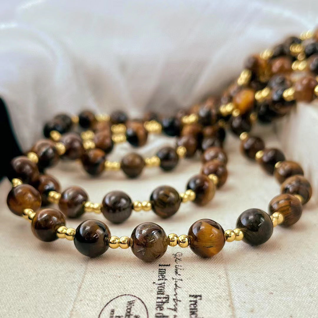Vintage Boutique 8mm Maillard Style Natural Tiger's Eye Stone Clavicle Chain Necklace