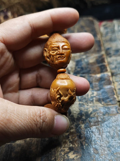Buddha & Demon Carved Olive Pit  Beads Buddha Bracelet for Meditation