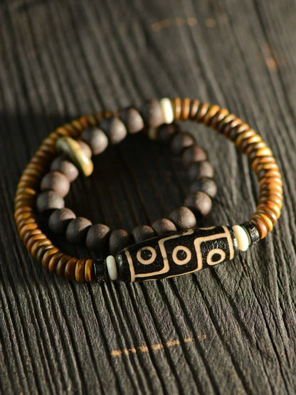 Tibetan Green Sandalwood Nine-Eyed Dzi Beads Bracelet