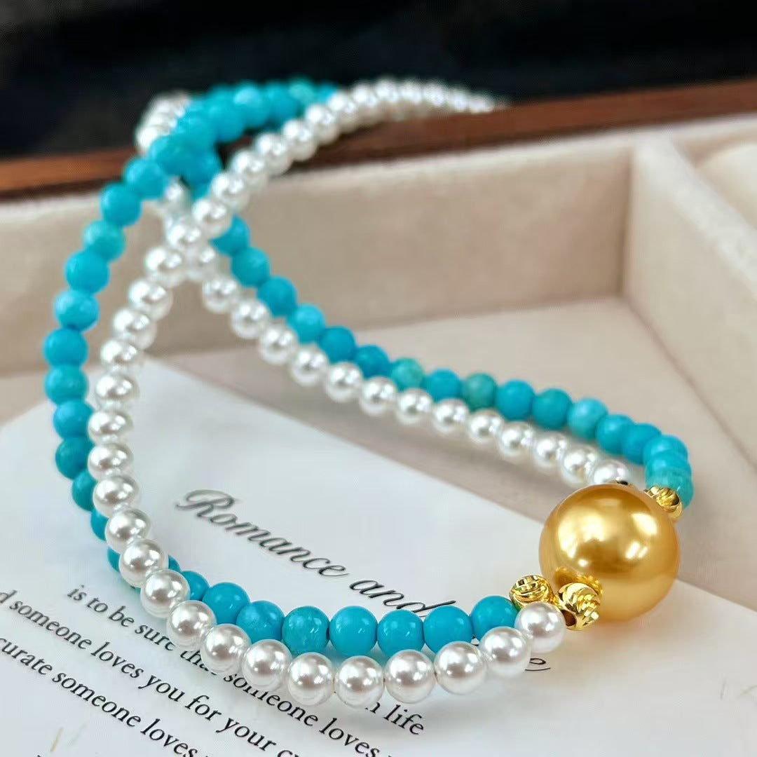 Vintage Faux High Quality Pearl Necklace Turquoise Clavicle Chain Necklace