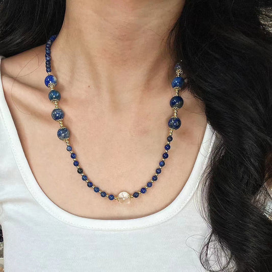 Collier vintage en lapis-lazuli naturel, chaîne de clavicule en cristal blanc naturel