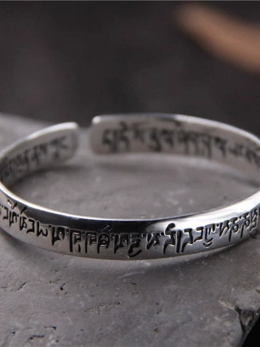 S925 Sterling Silver Six-character Mantra Open Bracelet, Retro Sanskrit Solid Men's and Women's Bracelets