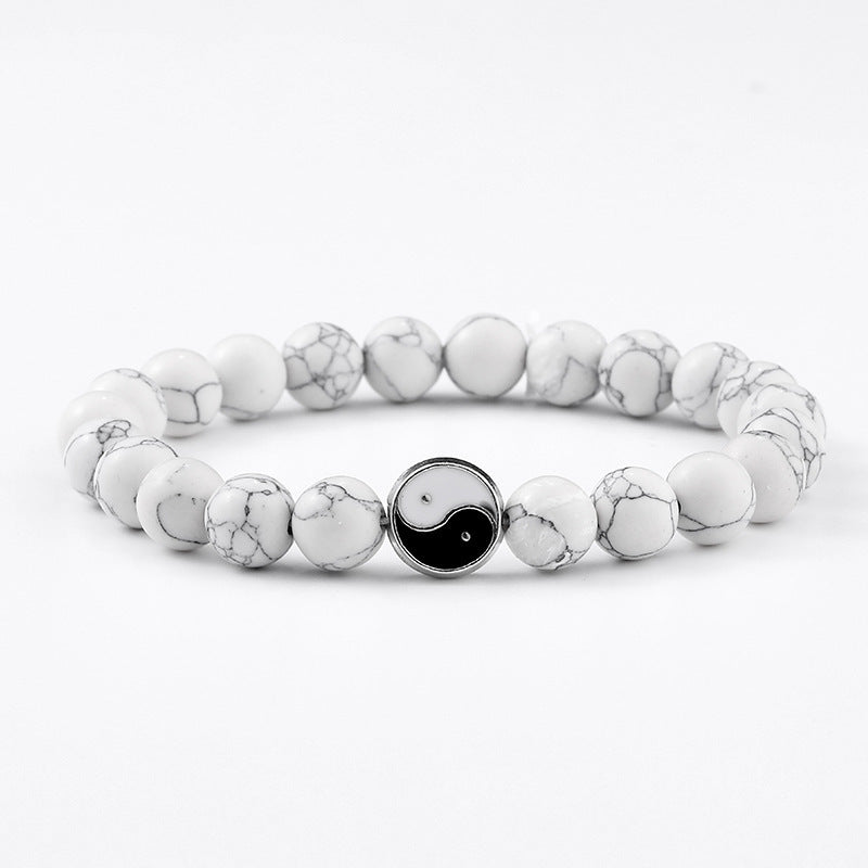 Tai Chi Yin Yang White Turquoise Bracelet Matte Black Handmade Beaded Bracelet