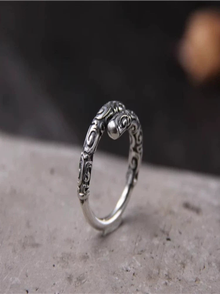 S925 Sterling Silver Retro Sun Wukong Golden Cudgel Ring Adjustable Unisex Finger Ring