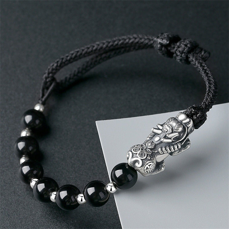 Natural Obsidian Hand-woven Boys Silver Pixiu Feng Shui Bracelet