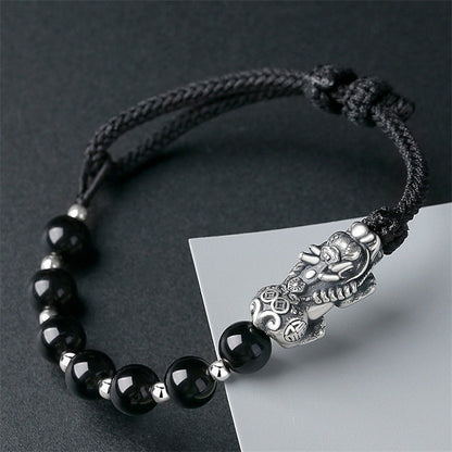 Natural Obsidian Hand-woven Boys Silver Pixiu Feng Shui Bracelet