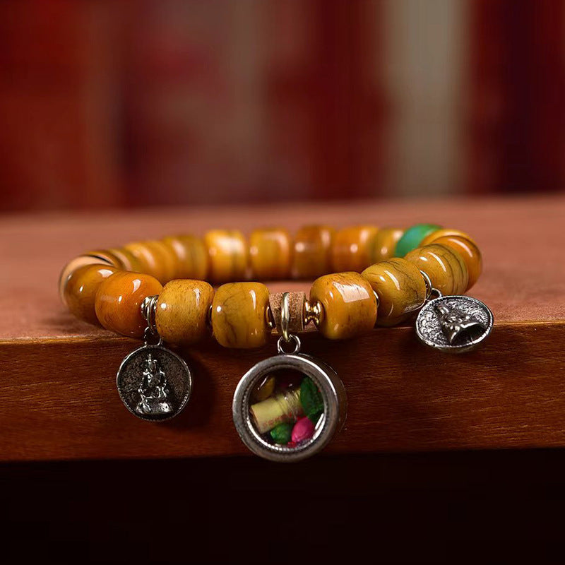 Tibetisches Kamelknochenarmband mit Achat-Dzi-Perlen und Yakknochen-Fuchsanhänger – Einzigartiges handgefertigtes Armband im tibetischen Stil