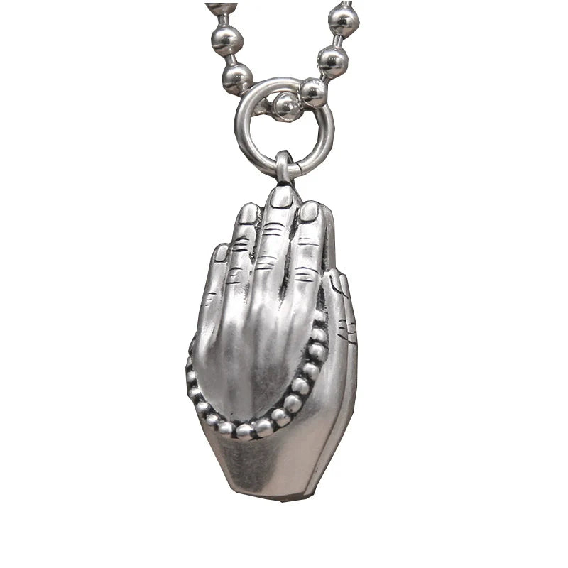 Chanting sutras and praying for peace pendant, full silver S990, close your hands tightly and sincerely worship the body-protecting Buddha hand bead pendant.
