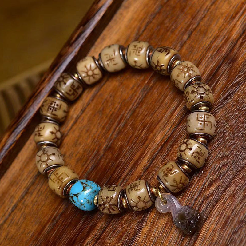 Tibetan Antique Silver Inlaid Camel Bone Bracelet – Handcrafted Tibetan-Style Beaded Bracelet