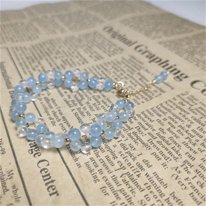 Bracelet aigue-marine élégant et frais, design double couche, cristal blanc