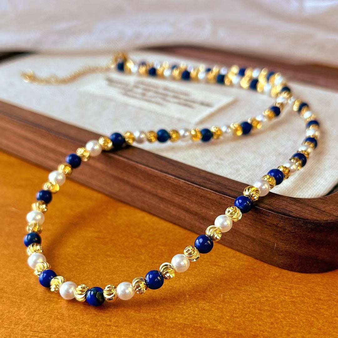 Vintage Halskette mit natürlichen Lapislazuli-Perlen, mehrschichtige Halskette mit Schlüsselbeinkette