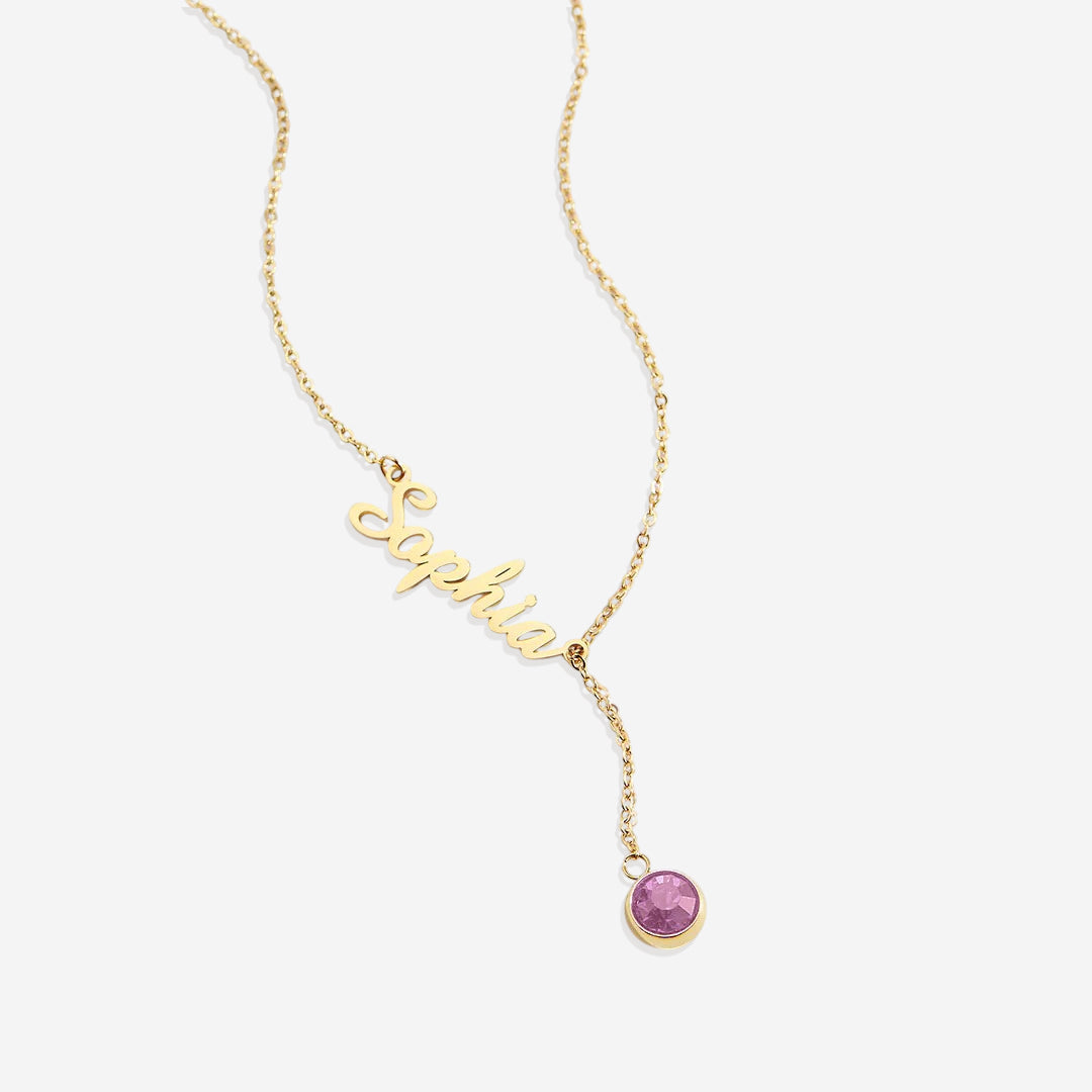 Collier Lariat avec pierre de naissance et nom