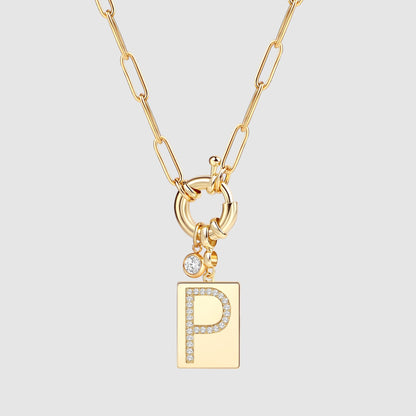 Collier pendentif initial pavé avec chaîne trombone