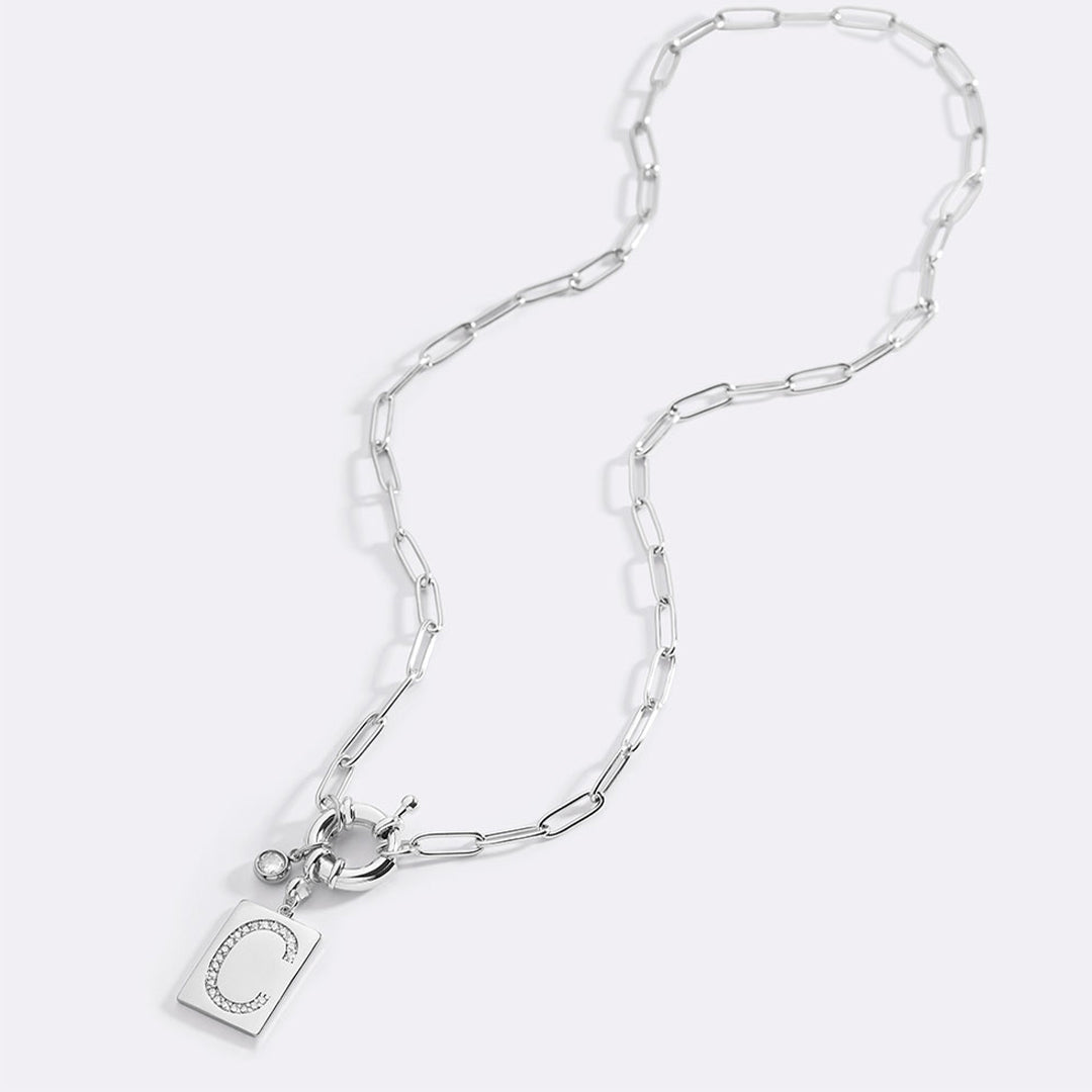 Pave Initial Pendant Necklace with Paperclip Chain
