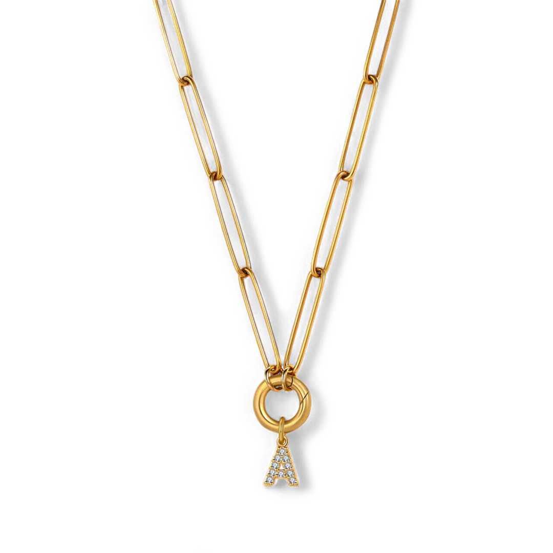 Pave Initial Charm with Charm Clasp Necklace