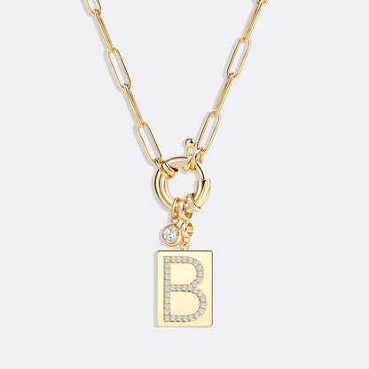 Collier pendentif initial pavé avec chaîne trombone