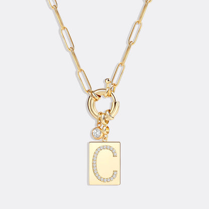 Collier pendentif initial pavé avec chaîne trombone