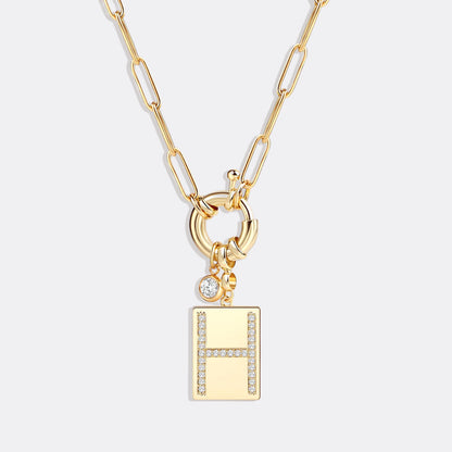 Collier pendentif initial pavé avec chaîne trombone