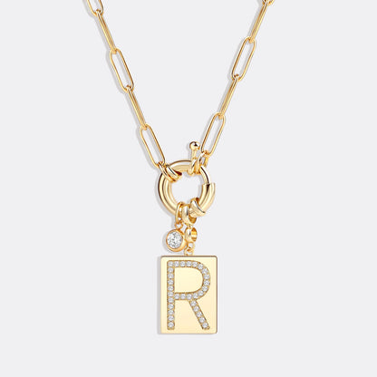 Collier pendentif initial pavé avec chaîne trombone