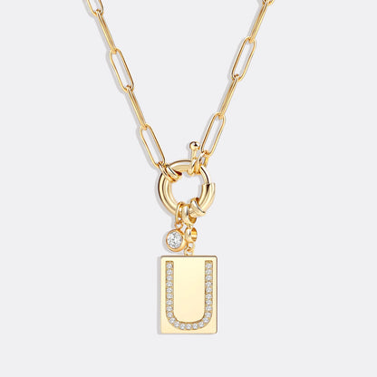 Collier pendentif initial pavé avec chaîne trombone