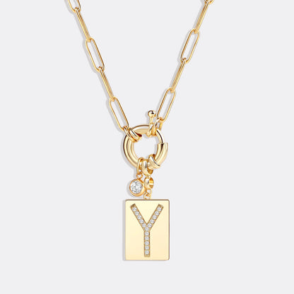 Collier pendentif initial pavé avec chaîne trombone