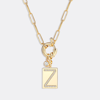 Collier pendentif initial pavé avec chaîne trombone